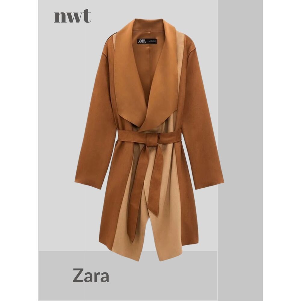 NWT ZARA Brown Camel Tan Faux Suede Patchwork Jacket Wrap Trench Coat, Sz S